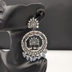 Indian Ethnic Beads and CZ Round dangle Jhumka Earring - Chand Bali Silver